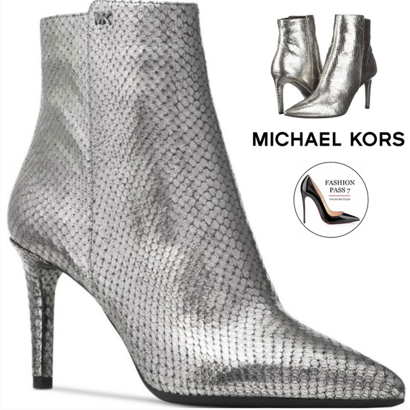 Michael Kors Shoes - Michael Kors Dorothy Flex Leather Pointed Toe Ankle Metallic Silver Snake Heel 8